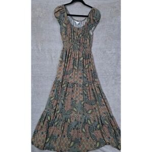 Apricot Maxi Dress Women Medium Green Paisley Boho Smocked Tiered Peasant Earthy